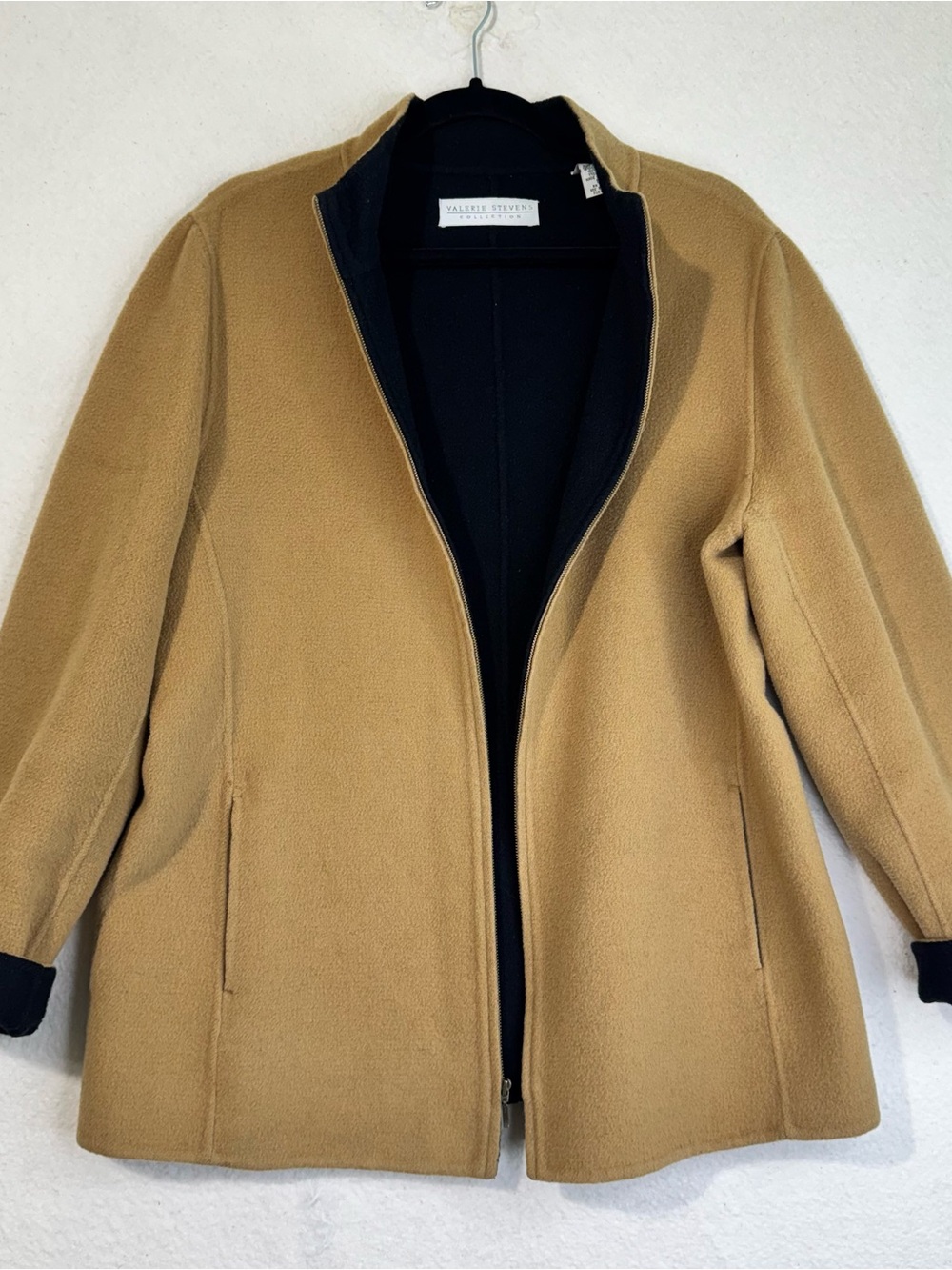 Valerie Stevens Women's 14 Camel Tan Wool Zip-Front Coat Minimalist Coatigan 90s